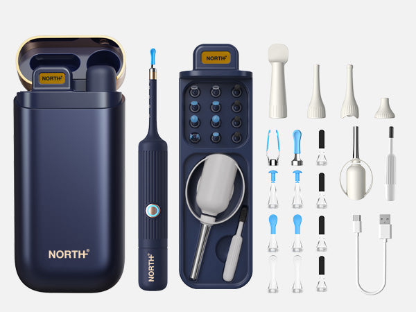 NORTH Ohrreiniger mit Kamera inklusive Ladecase, Reinigungsspitzen, Pinzette, Ohrlöffel und USB-Ladekabel