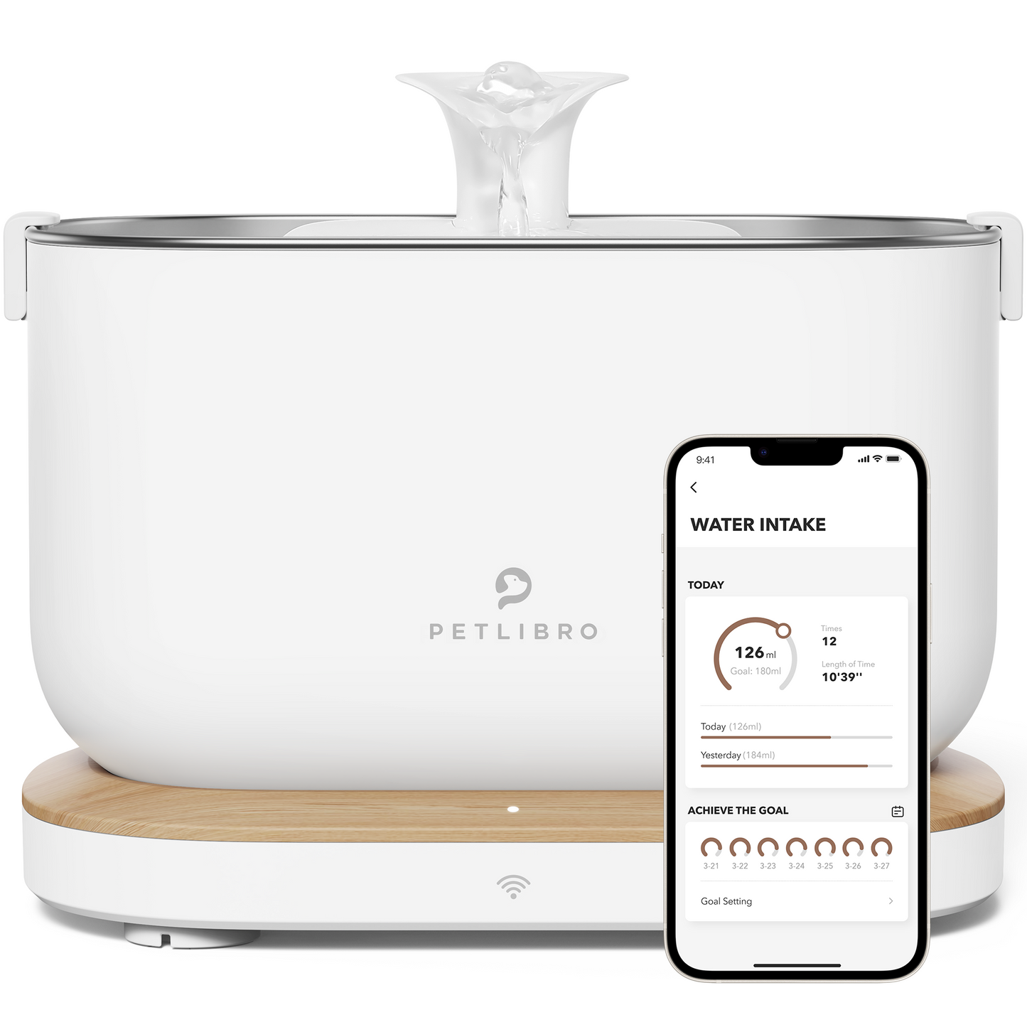 PETLIBRO Glacier Brunnen frontal mit Live-Wasseranalyse auf dem Handy