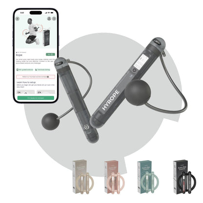 Das habeats by HYGEAR ROPE Smart Jump Rope mit digitalen Zählern an den Griffen und einer Smartphone-App, die Trainingsdaten anzeigt.
