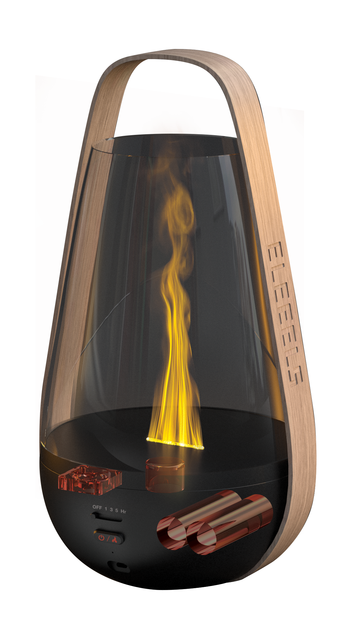Der EleEELS S5 Aroma Diffusor in Laternenform mit simuliertem Flammeneffekt und Holzdetails.