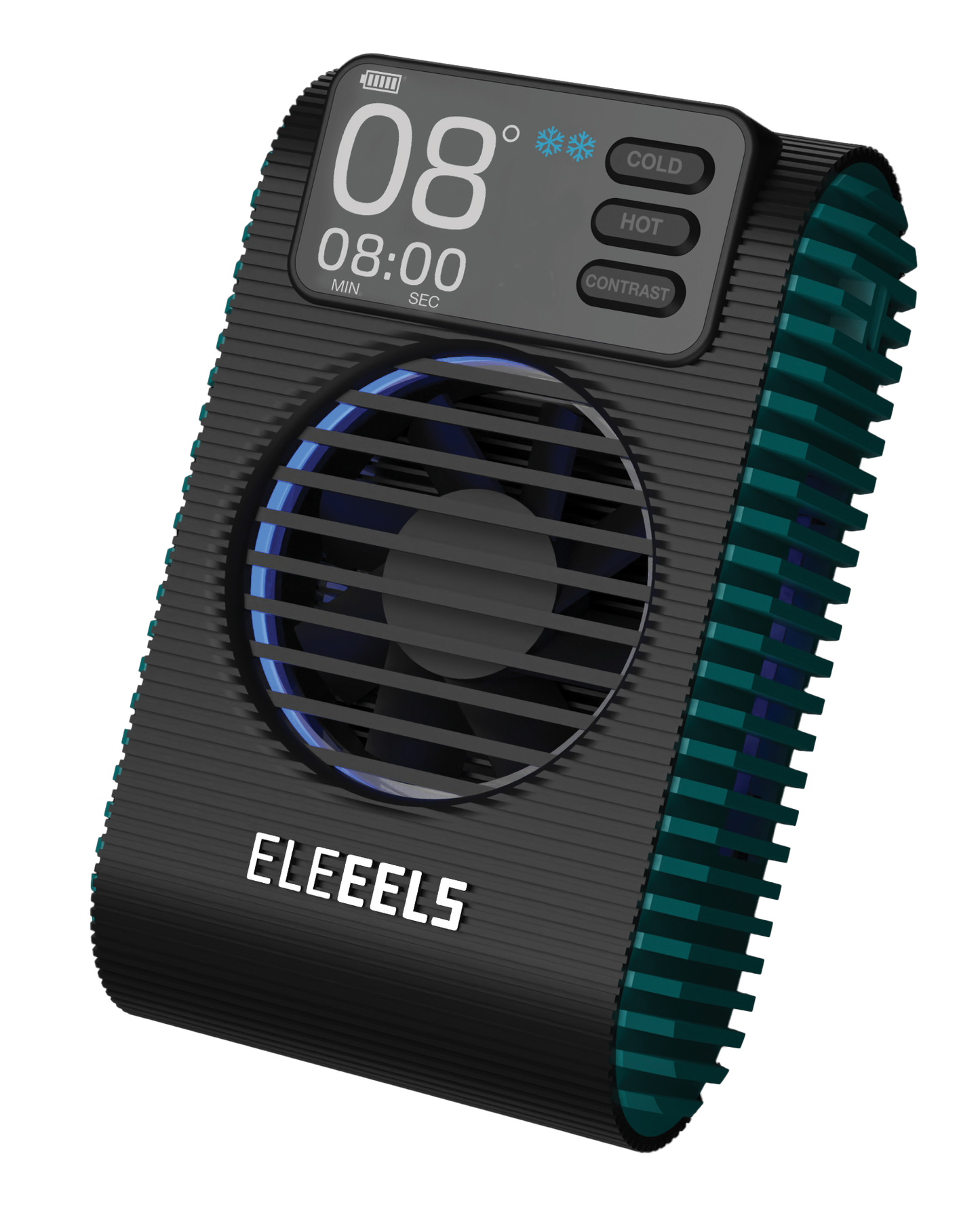 Nahaufnahme des EleEELS X11 Geräts mit Display, das 08 Grad anzeigt, und Bedienelementen für Kalt, Warm und Kontrast.