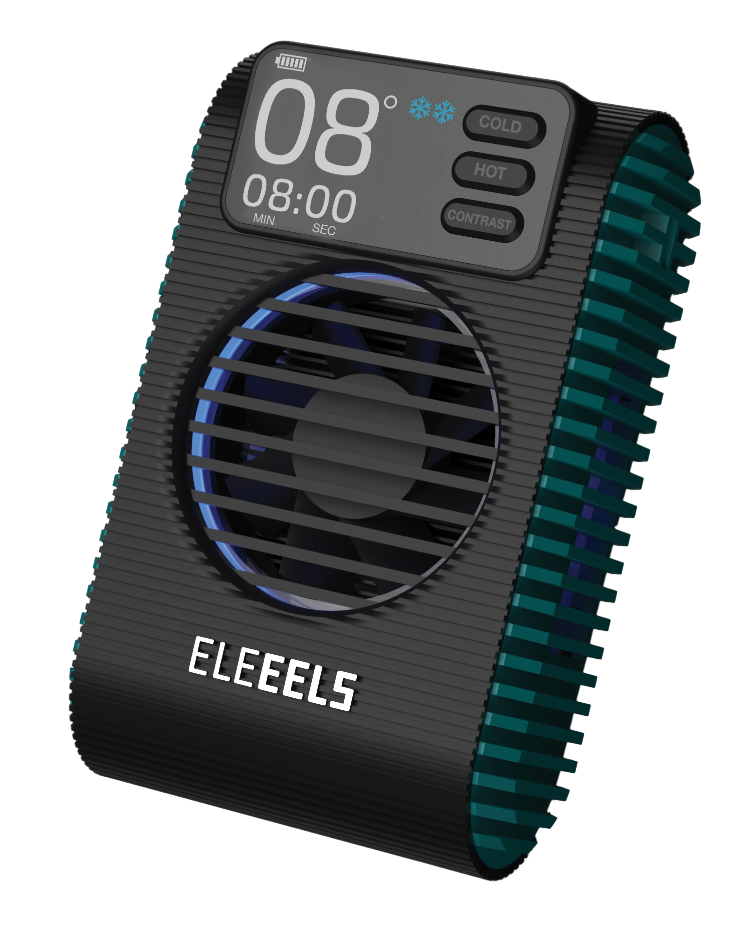 Nahaufnahme des EleEELS X11 Geräts mit Display, das 08 Grad anzeigt, und Bedienelementen für Kalt, Warm und Kontrast.