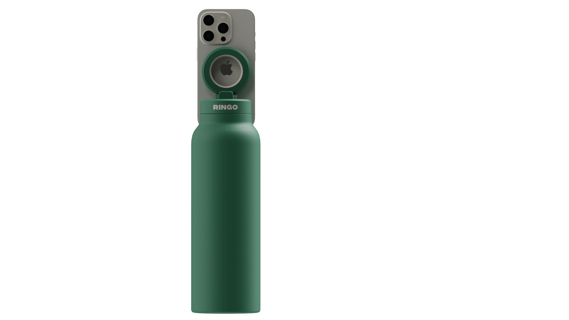 RINGO Trinkflasche – Dunkelgrüne Edelstahlflasche mit magnetischem Smartphone-Halter, iPhone im Hochformat befestigt