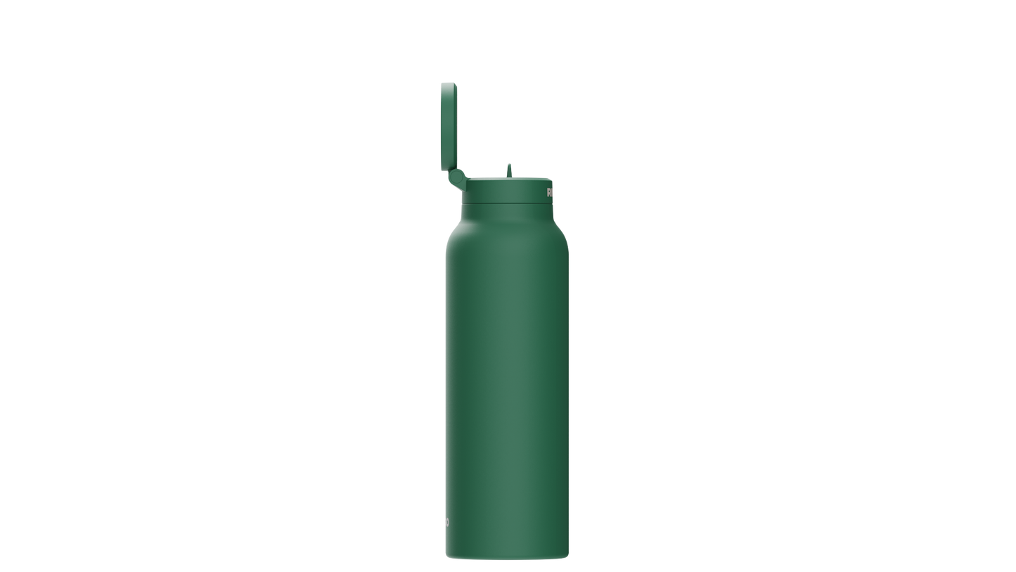 RINGO Trinkflasche – Seitenansicht der dunkelgrünen Edelstahlflasche mit hochgeklapptem Magnetdeckel