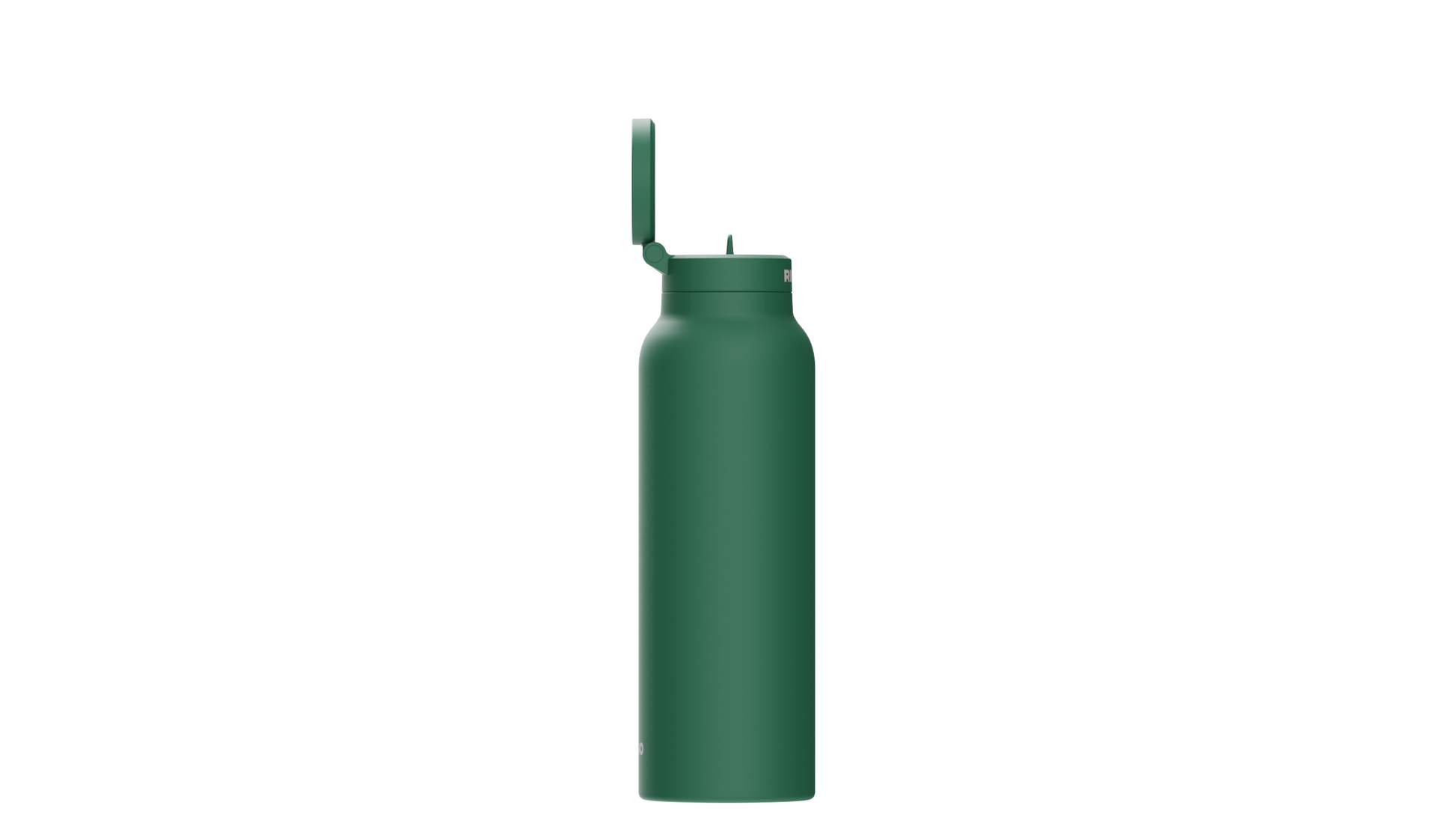RINGO Trinkflasche – Seitenansicht der dunkelgrünen Edelstahlflasche mit hochgeklapptem Magnetdeckel