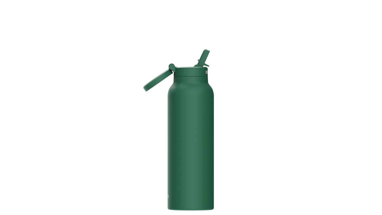 RINGO Trinkflasche – Seitenansicht mit geöffnetem Deckel und ausgeklapptem Trinkhalm, dunkelgrün