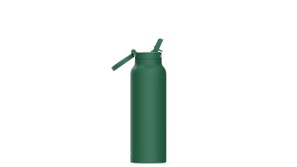 RINGO Trinkflasche – Seitenansicht mit geöffnetem Deckel und ausgeklapptem Trinkhalm, dunkelgrün