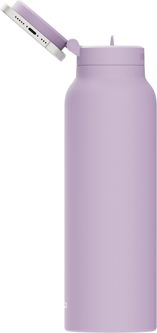 Ringo PRO Lila Flasche mit geöffnetem Deckel und horizontalem iPhone