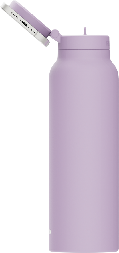 Ringo PRO Lila Flasche mit geöffnetem Deckel und horizontalem iPhone