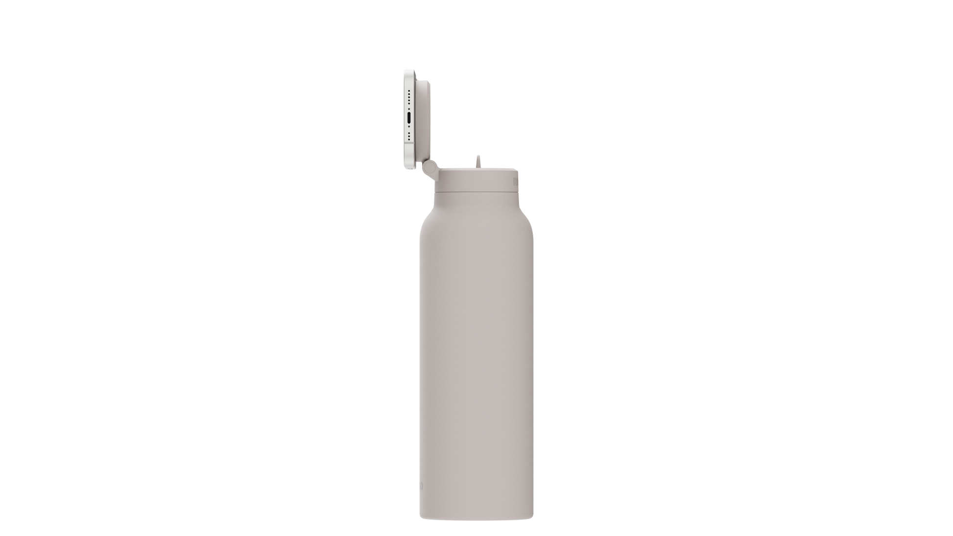 Ringo Edelstahlflasche in Ivory mit angebrachtem Smartphone, Seitenansicht