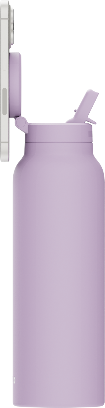 Ringo PRO Lila Flasche mit Smartphone und Trinkhalm – aufgeklappt