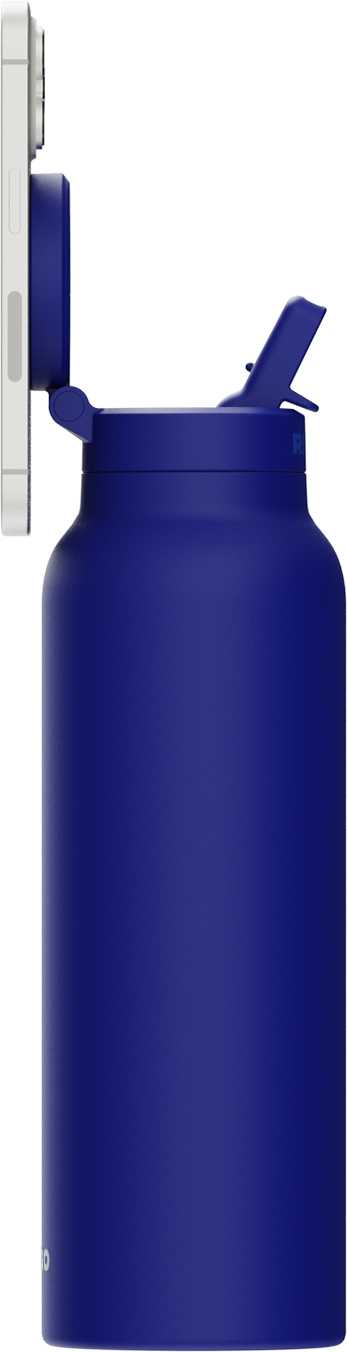 Ringo Trinkflasche in Blau, geöffnet, Strohhalm ausgeklappt, Smartphone montiert