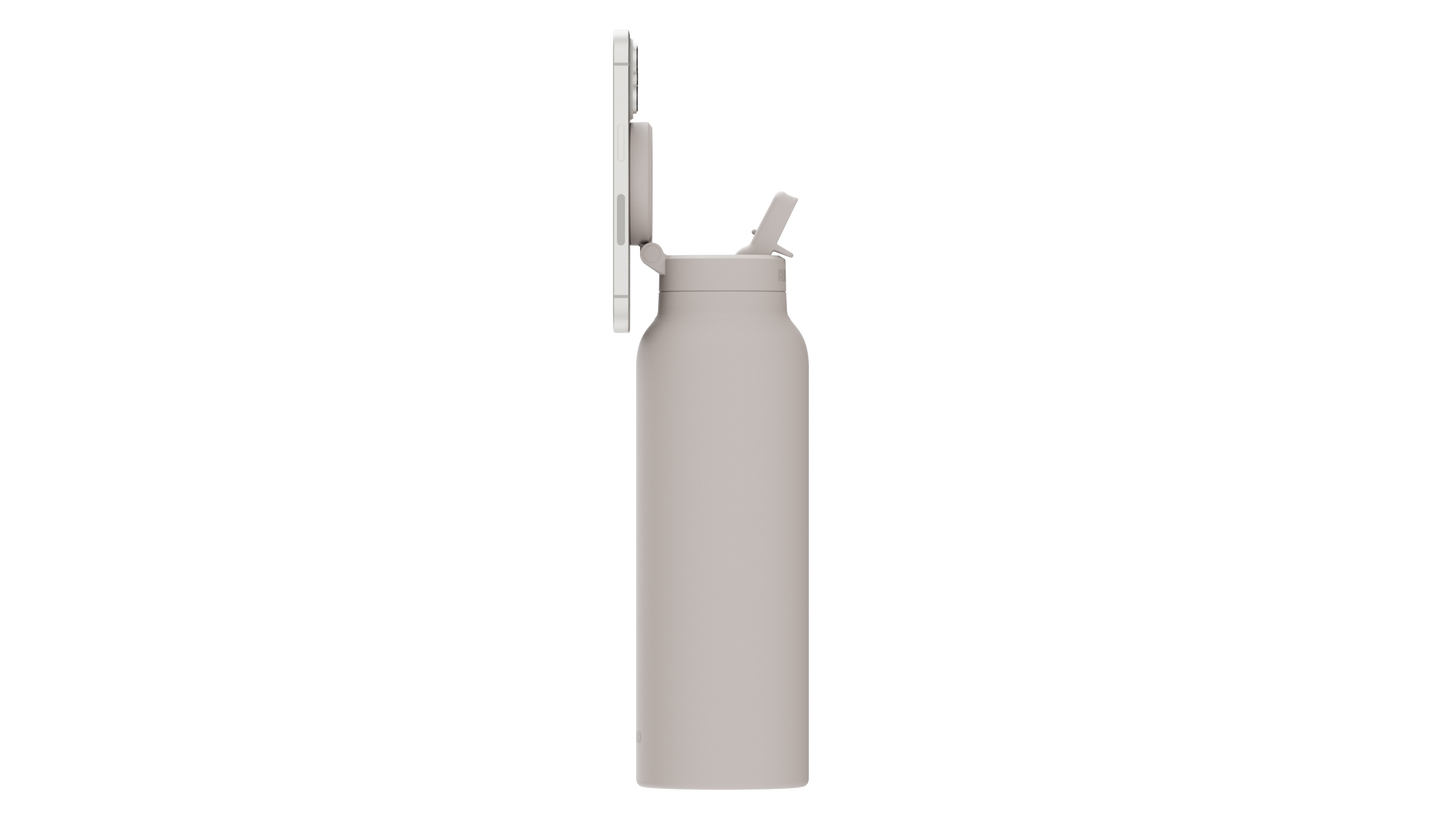 Ringo Edelstahlflasche in Ivory mit angebrachtem Smartphone, Seitenansicht