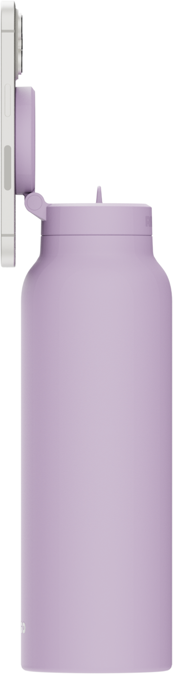 Ringo PRO Lila Flasche mit geöffnetem Deckel und horizontalem iPhone
